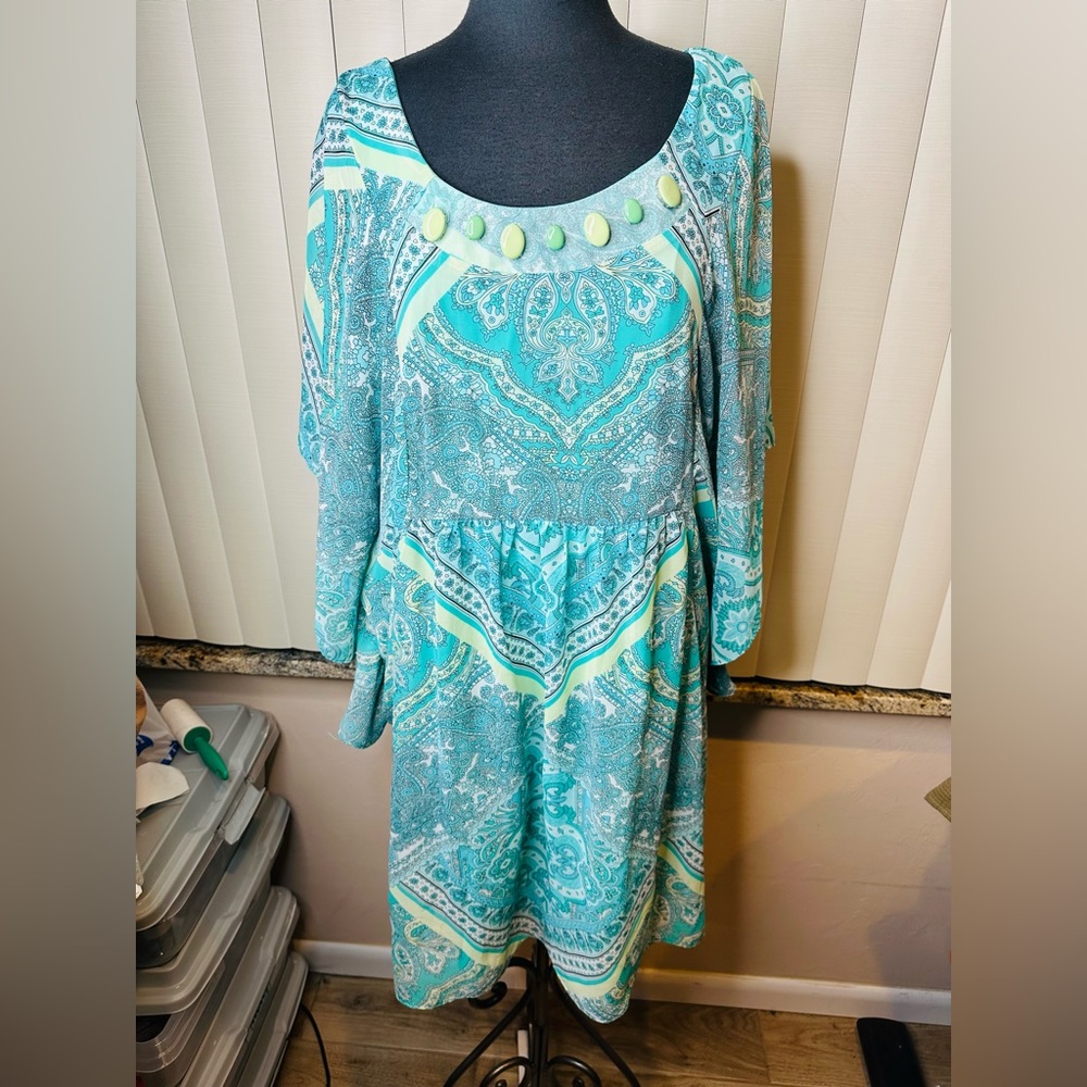 Robbie Bee Turquoise Dolman Embellished Paisley Print Vacation Dress Size 18W